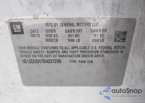 2013 Chevrolet Sonic Lt Auto z USA, uszkodzony, nr VIN 1G1JC6SH7D4237206